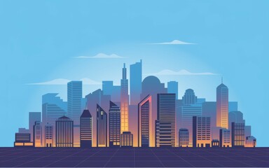 Fototapeta premium Cityscape skyline. Vibrant urban panorama showcasing a modern city skyline under a clear sky. Buildings represent progress and growth.