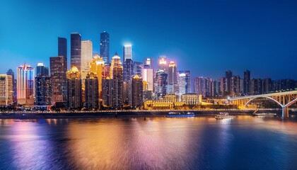 Panoramic skyline and modern commercial buildings in Chongqing at night, China.