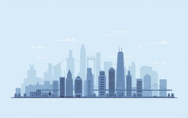 Naklejka premium Cityscape skyline. Modern city skyline silhouette with skyscrapers, bridge and cloudy sky. Represents growth, progress, and urbanization.