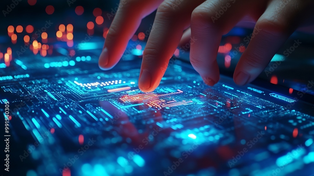 Fototapete Digital technology software development concept Coding programmer software engineer using digital tablet with circuit board and javascript on virtual screen internet of things IoT : Generative AI