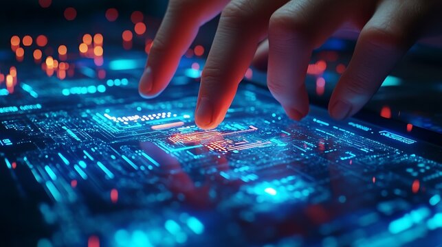 Digital technology software development concept Coding programmer software engineer using digital tablet with circuit board and javascript on virtual screen internet of things IoT : Generative AI