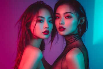 A vibrant night club image showcasing two beautiful Asian women dancing and posing glamorously together on the dance floor, illuminated by striking neon lights in a lively club atmosphere.