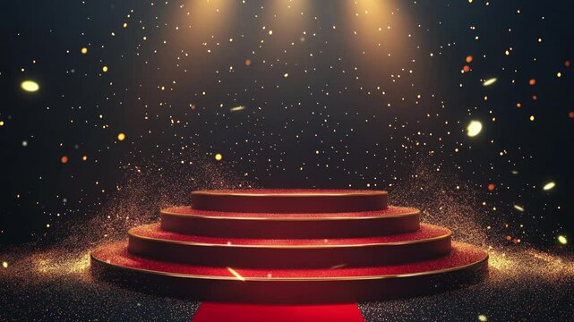 Stage podium with red carpet on stairs, golden spotlight and sparkles on dark background. 3d vector theatre show and award ceremony concept. Staircase pedestal for presentation and goods promotion