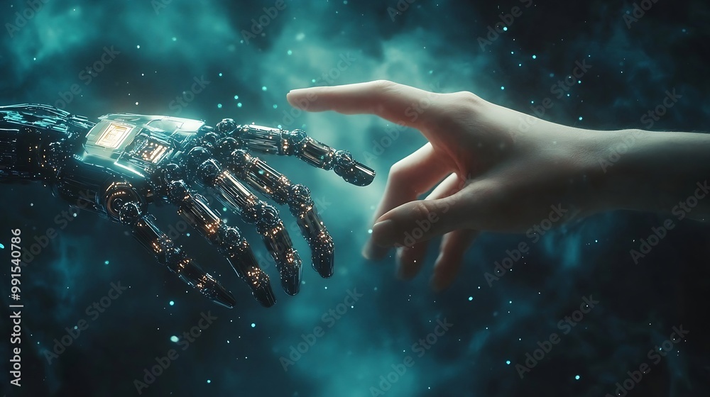 Aufkleber AI Machine learning Hands of robot and human touching on big data network connection Data exchange deep learning Science and artificial intelligence technology innovation of futuristic : Generative AI