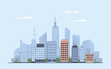 Fototapeta premium Cityscape skyline illustration. Modern urban skyline with buildings and clouds in the background. Ideal for use in presentations or web design.