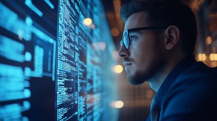 Data Processing digital technology internet network concept Computer programmer working on big data and computer code with data center server room as backgrounds : Generative AI