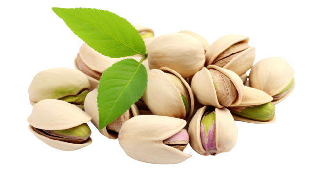 a pile of pistachios with a leaf
