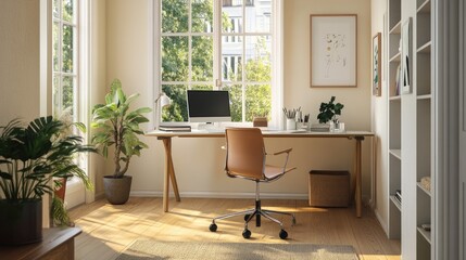Fototapeta premium A stylish home office with a simple desk, ergonomic chair, and minimalistic decor, showcasing a productive yet calm workspace.