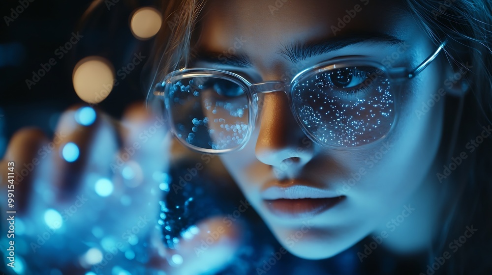 Aufkleber Metaverse and Blockchain Technology Concepts Person with Glasses try to Touching Object for Experiences of Metaverse Virtual World Futuristic Tone : Generative AI