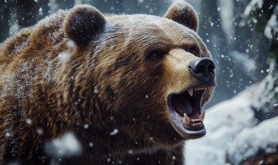 Fototapeta premium A brown bear growls in the snow.