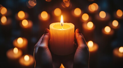 Hands holding a lit candle with a soft focus background of other lit candles.  Concept of hope, remembrance, and faith.