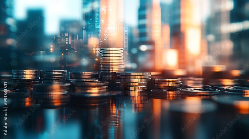 Aufkleber double exposure of city and graph on rows of coins for finance and banking concept : generative ai