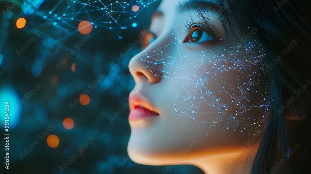 Poster Digital technology internet network connection big data digital marketing IoT internet of things Woman using modern computer surfing internet futuristic metaverse innovative technology : Generative AI