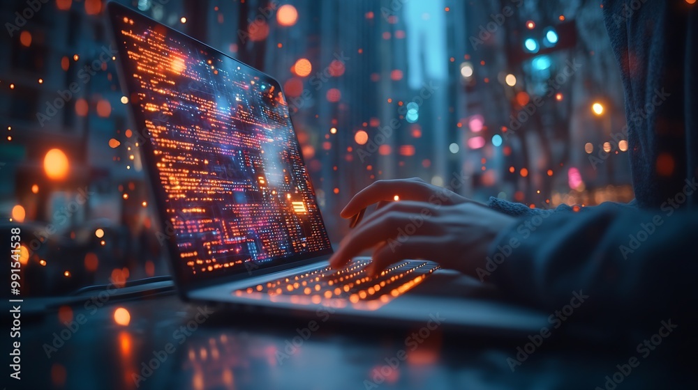 Aufkleber Digital technology concept Man programmer working on laptop for big data management computer code on futuristic virtual interface screen data mining digital software development data s : Generative AI