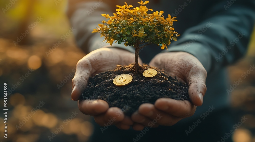 Aufkleber a businessman holding a coin with a tree that grows and a tree that grows on a pile of money the ide