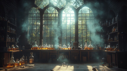 ancient chemists laboratory with mysterious objects and experiments with atmospheric sunlight shining though dusty windows. generative ai illustration.  
