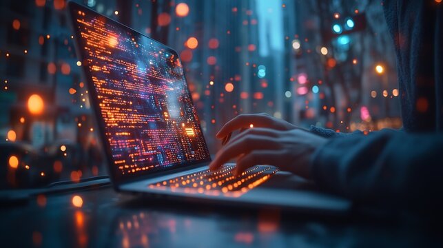 Digital technology concept Man programmer working on laptop for big data management computer code on futuristic virtual interface screen data mining digital software development data s : Generative AI