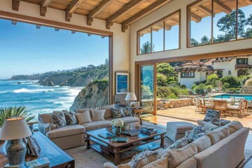 Fototapeta premium Spacious beach house living room with panoramic ocean view and patio