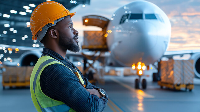 A man in safety vest and hard hat stands confidently near an airplane on tarmac, overseeing logistics operations as cargo is being loaded