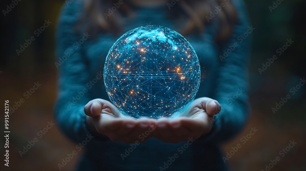 Poster woman hand holding virtual global internet connection metaverse business global internet connection 