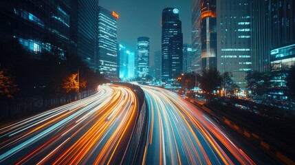 A time-lapse photo of traffic moving around a tall building, with streaks of lights creating a sense of motion and energy in the urban environment.