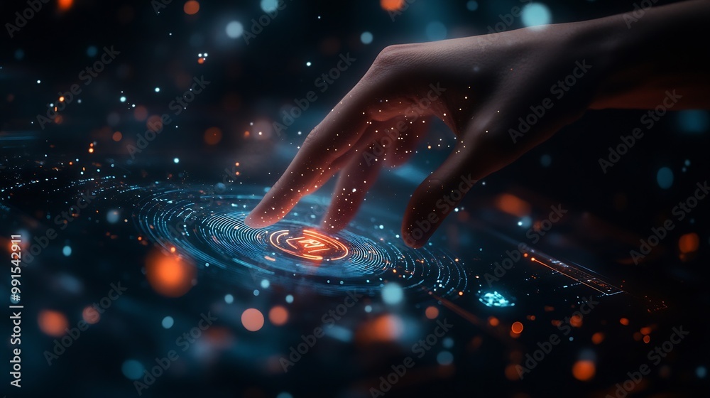 Fototapete Hand touching modern interface digital transformation and metaverse concept Connection next generation technology and new era of innovation : Generative AI