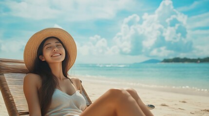 Summer beach travel vacation concept Happy traveler asian woman with hat relax on chair beach at Pattaya Chon Buri Thailand : Generative AI