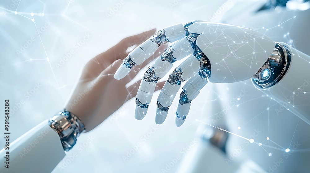 Aufkleber AI Machine learning Hands of robot and human touching on big data network connection background Science and artificial intelligence technology innovation and futuristic : Generative AI