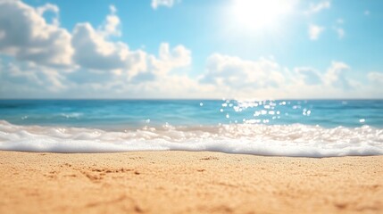 Fototapeta premium Abstract blur defocused background nature of tropical summer beach with rays of sun light Golden sand beach sea water against blue sky with white clouds Copy space summer vacation conc : Generative AI