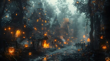 Teens gathered around a Halloween campfire, skeletons hanging from trees, glowing jack-o-lanterns and ghostly figures, firelight creating eerie shadows on their faces, mist swirling around,