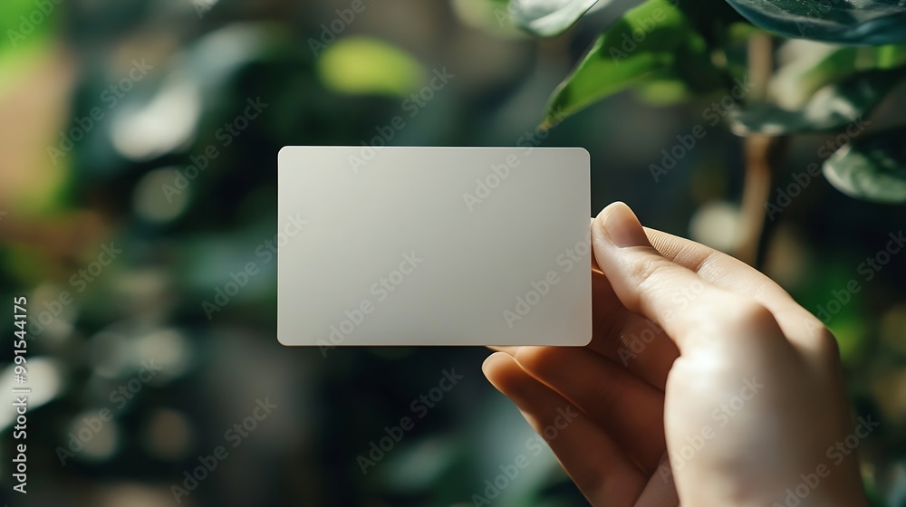 Poster hand holding blank white credit card mockup isolated empty plastic card mock up hold in arm clear su