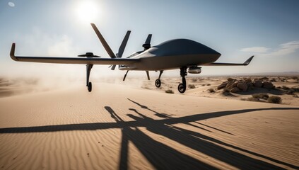 drone takes off in a sandy desert, showcasing advanced technology in a barren landscape