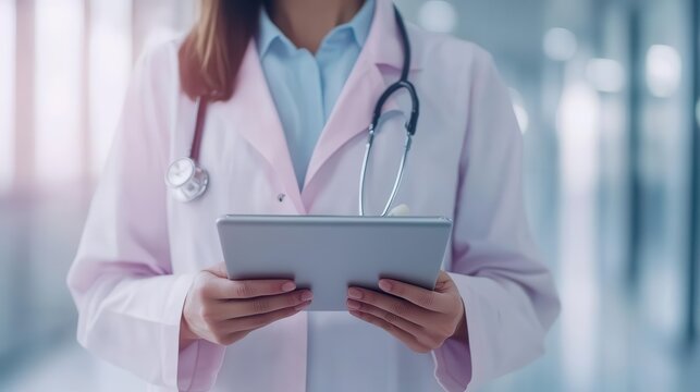 Doctor using a tablet for patient consultation in a high-tech clinic, Digital Healthcare, Modern medicine