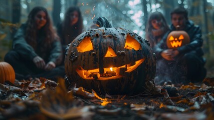 Teens gathered near a Halloween campfire, surrounded by glowing pumpkins and ghostly decorations, firelight flickering on their faces, dense mist creeping through the dark forest,