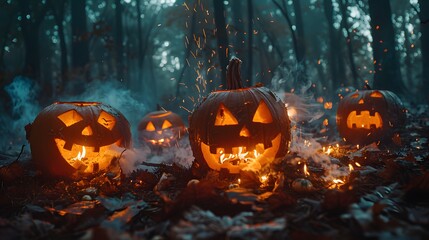 Teens gathered near a Halloween campfire, surrounded by glowing pumpkins and ghostly decorations, firelight flickering on their faces, dense mist creeping through the dark forest,