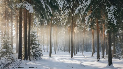 Serene Winter Forest with Snow-Covered Pine Trees and Sunlight