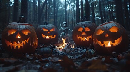 Teens sitting around a campfire on Halloween, jack-o-lanterns glowing, skeletons draped on nearby trees, the fire casting long shadows, dense forest in the background, spooky ambiance,