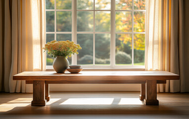 Sunny autumn afternoon with a wooden table, elegant vase, and natural flowers by the bright window in a cozy room