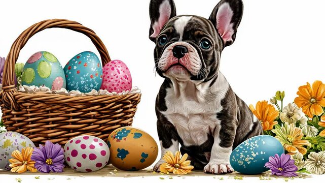 A French bulldog sits next to a wicker basket filled with Easter eggs and spring flowers