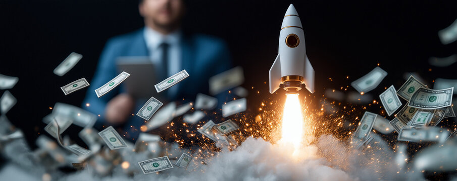 Entrepreneur riding rocket upwards, surrounded by flying money, symbolizes success and ambition in business ventures. dynamic scene captures excitement of financial growth
