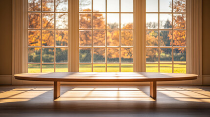 Fototapeta premium Bright autumn sunlight filters through large windows, illuminating a minimalist wooden table in a serene indoor space