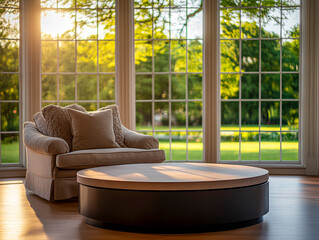 Cozy armchair in a sunlit living room overlooking a lush garden at golden hour