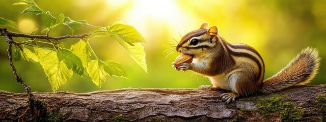 A chipmunk stuffing nuts into its cheeks, perched on a log, soft forest light illuminating the scene