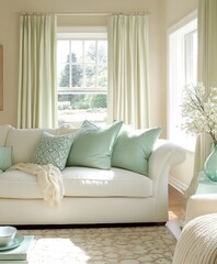 Fototapeta premium A living room with beige walls, a white sofa, and mint green accents on cushions, curtains, and rug