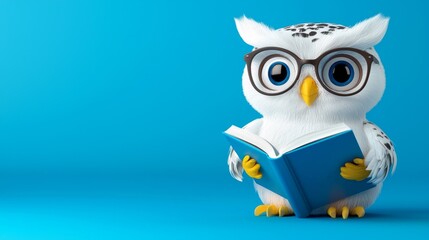 Obraz premium Cute Owl with Glasses Reading a Book on Blue Background