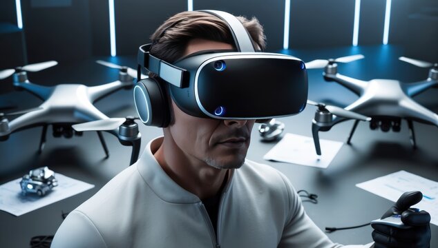 man wearing a virtual reality headset. He is looking at something in the virtual world. In front of him is a drone and other objects