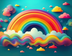 Whimsical, animated clouds and miniature rainbows on a vibrant azure background, ideal for a joyful and creative children's event on april fools' day