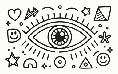 All seeing eye doodle. Hand-drawn doodle of an all-seeing eye with geometric and whimsical shapes, symbolizing perception and awareness.