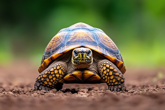 A close-up of a tortoise walking slowly across the ground, its ancient, weathered shell and wise expression symbolizing patience and endurance