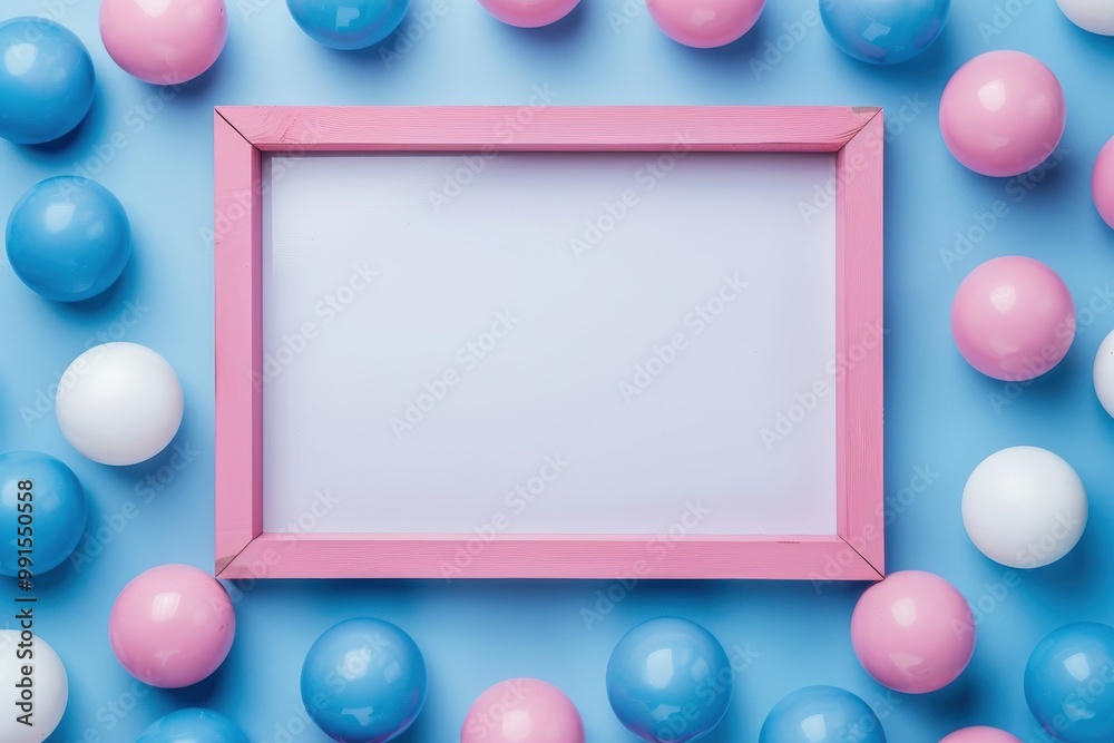 Fototapete blue balls background with pink frame and white screen for text, top view. the design is minimalisti